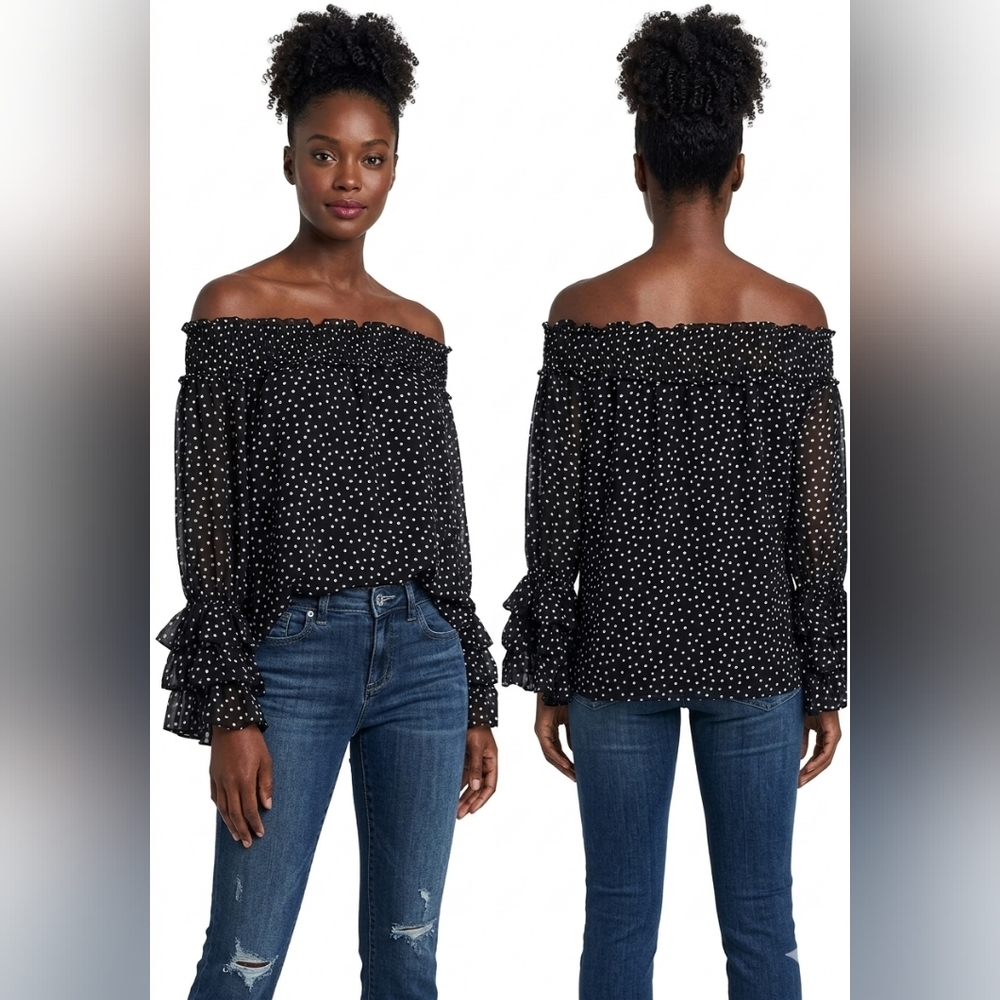 CeCe‎ Black Off-Shoulder Polka Dot Blouse Size S